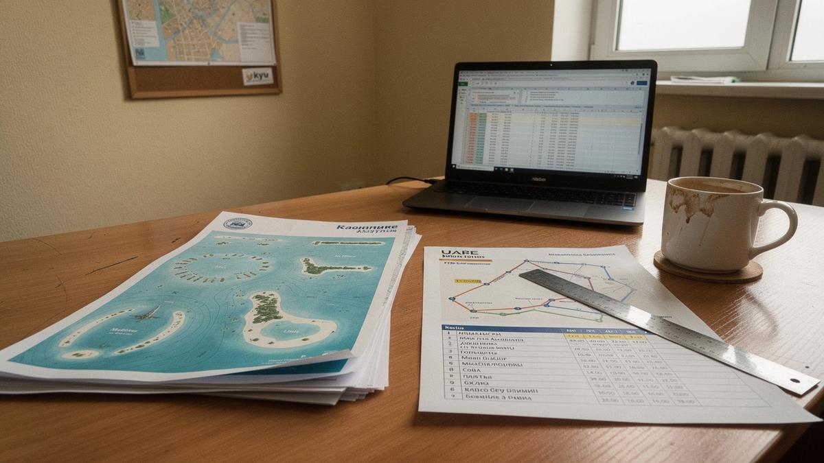 Planning desk at the queryloopline.com studio in Kyiv with printed Maldives and UAE itineraries