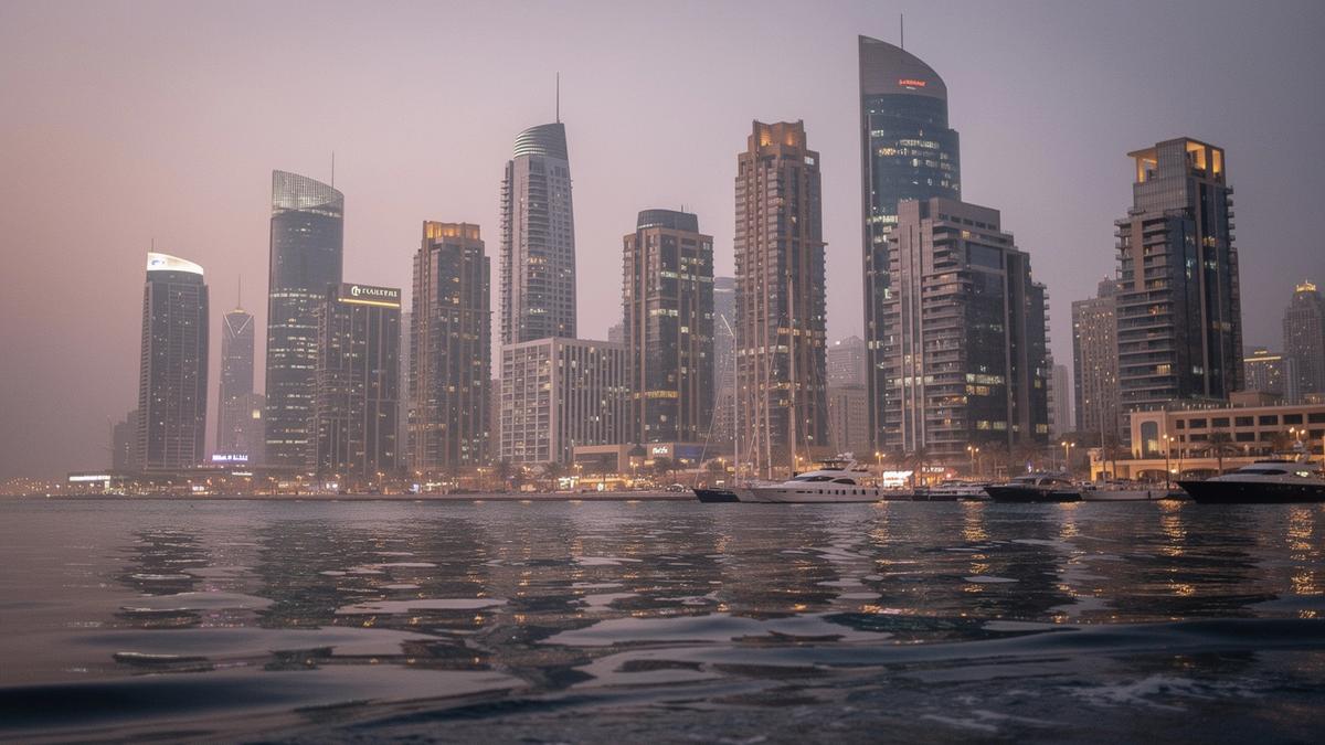Dubai Marina skyline at dusk seen from the water