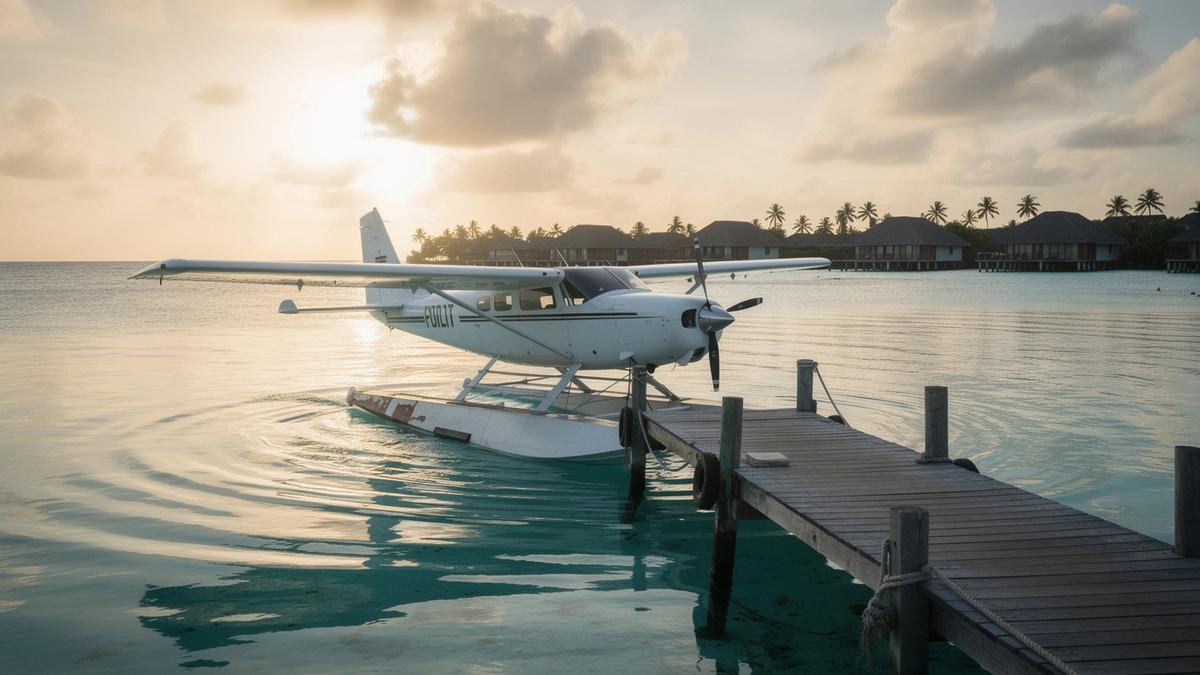 Seaplane moored at a North Malé Atoll resort jetty in late afternoon