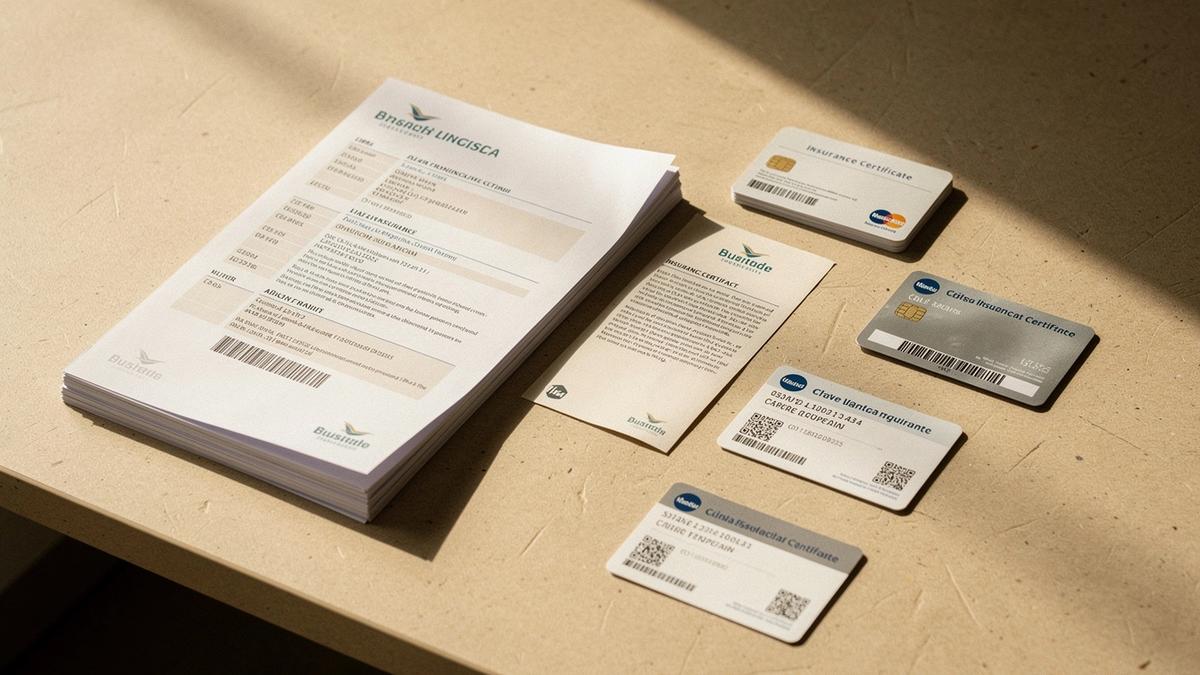 Operator file with insurance certificate and payment confirmations laid out on a desk