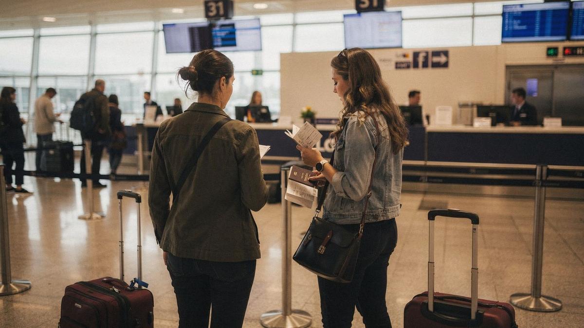 Travellers with passports and boarding passes at an airport check-in desk