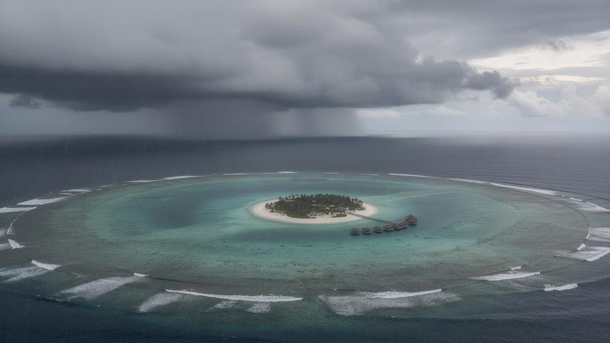 Rain squalls over a Maldives atoll and its reef, seen from the air